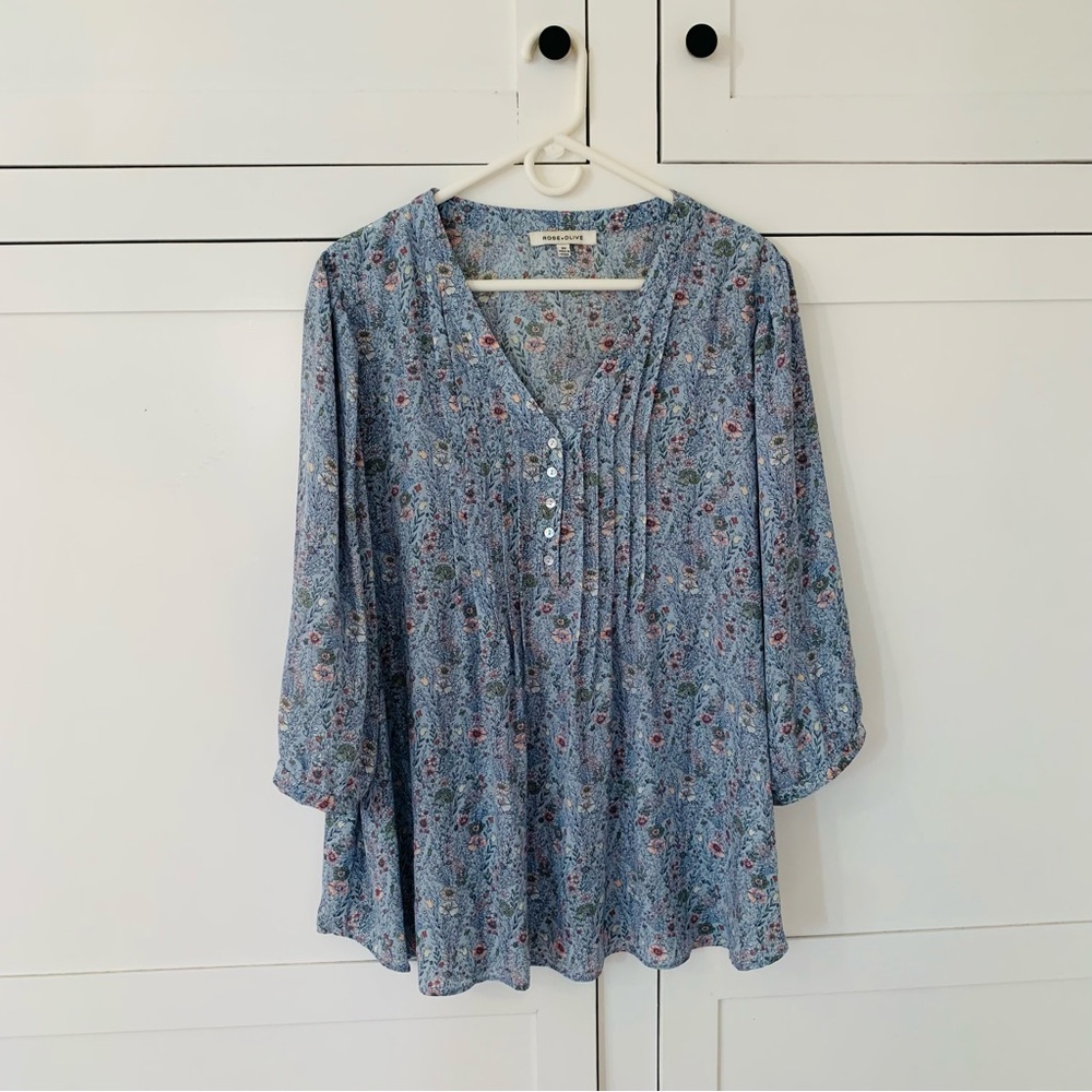 Rose + Olive Light Blue Floral Sheer Blouse Size 2X